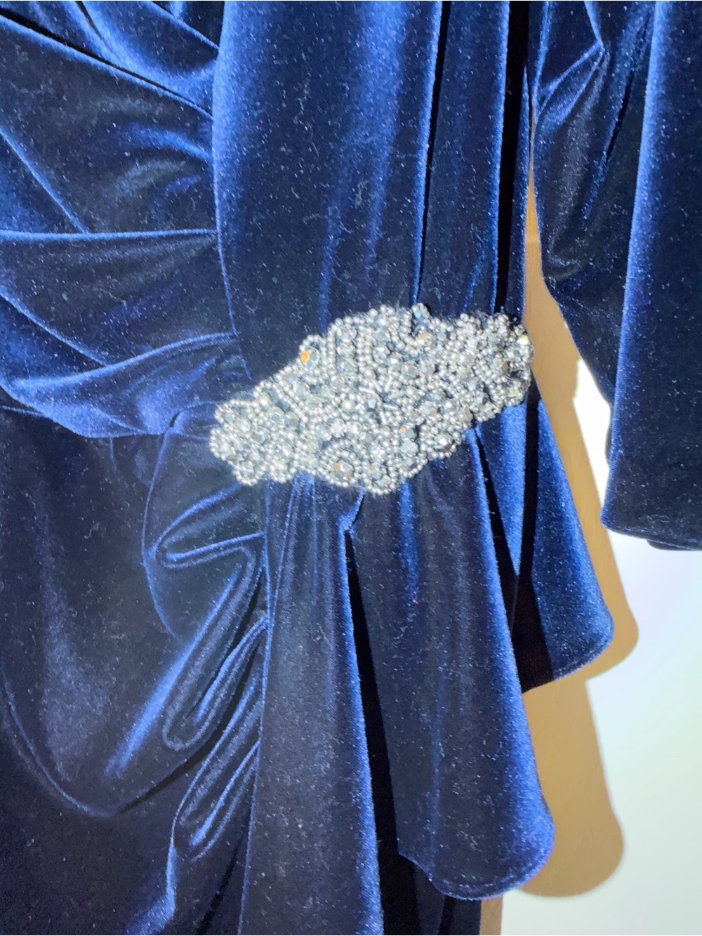 Alex Evenings Navy Velvet Draped Cocktail Dress with Jeweled Waist - Picture 3 of 4